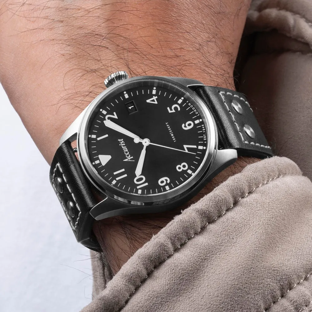 Accurist Aviation Mens Watch 76004 Black Leather Strap