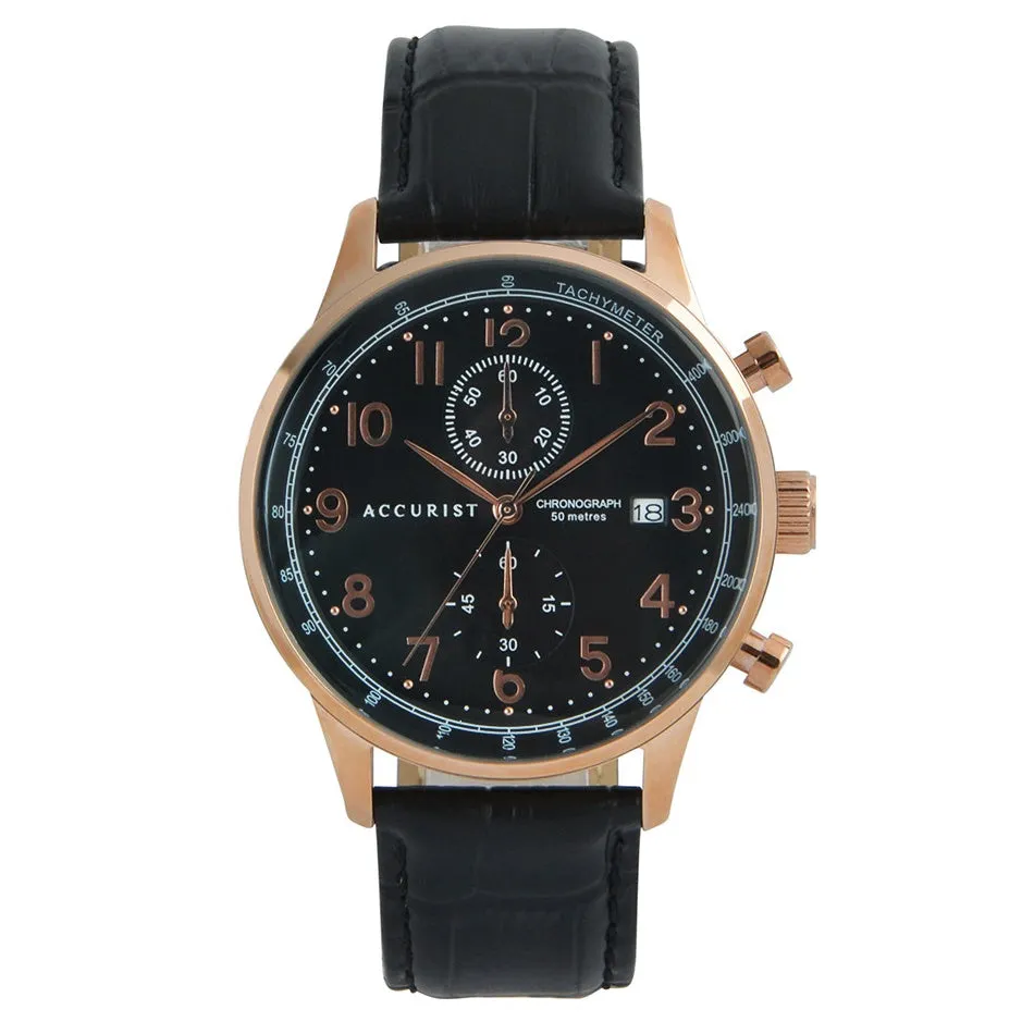 Accurist Chronograph Black Strap Rose Case Mens Watch 7353