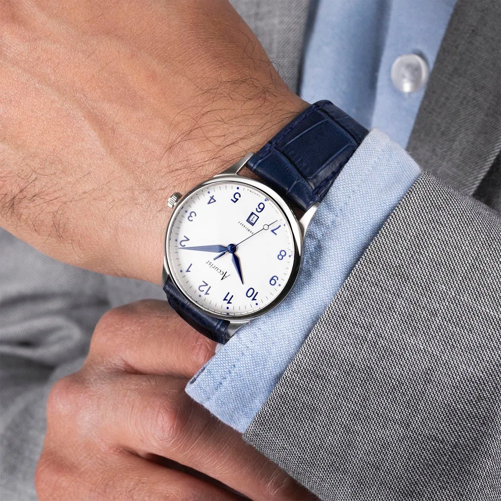 Accurist Classic Mens Blue Leather Strap Watch White Dial 73000