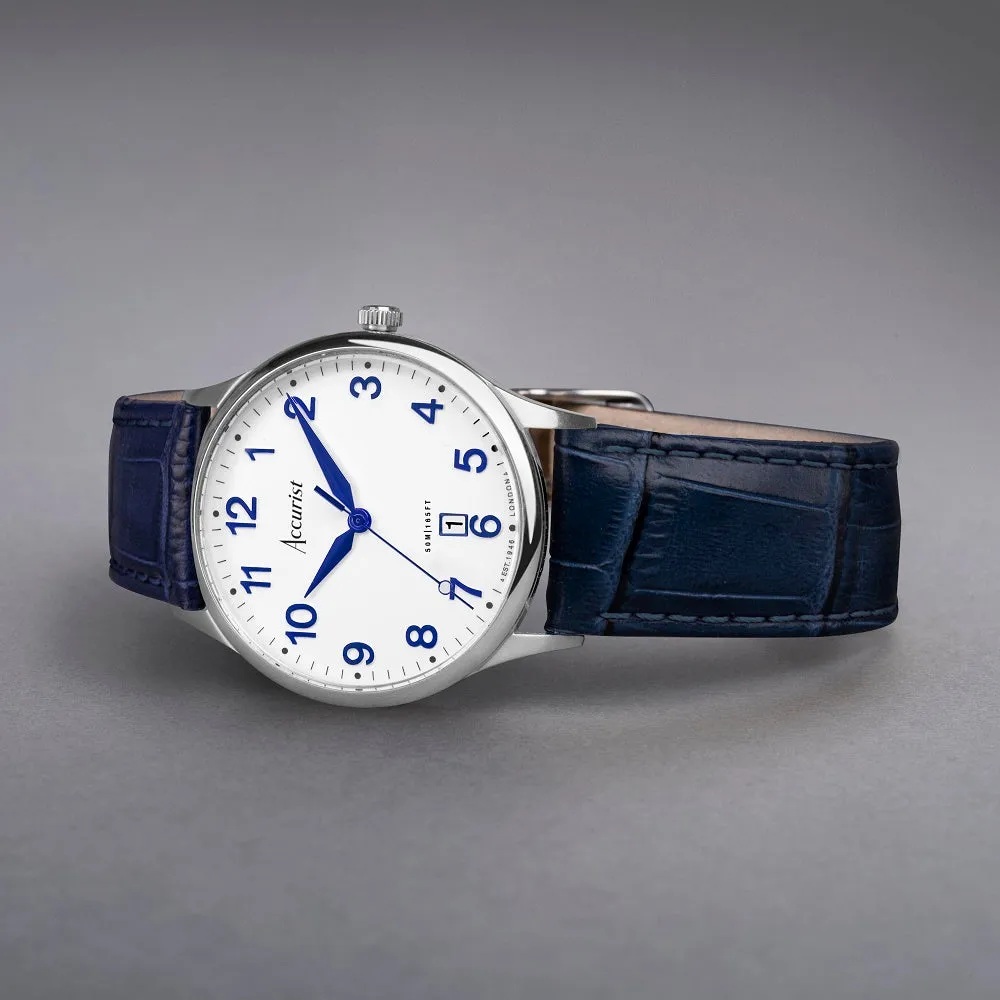 Accurist Classic Mens Blue Leather Strap Watch White Dial 73000