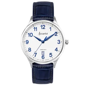 Accurist Classic Mens Blue Leather Strap Watch White Dial 73000