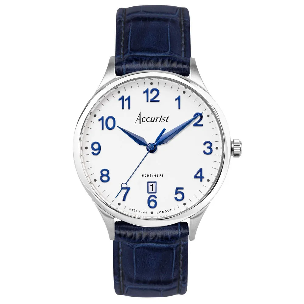 Accurist Classic Mens Blue Leather Strap Watch White Dial 73000