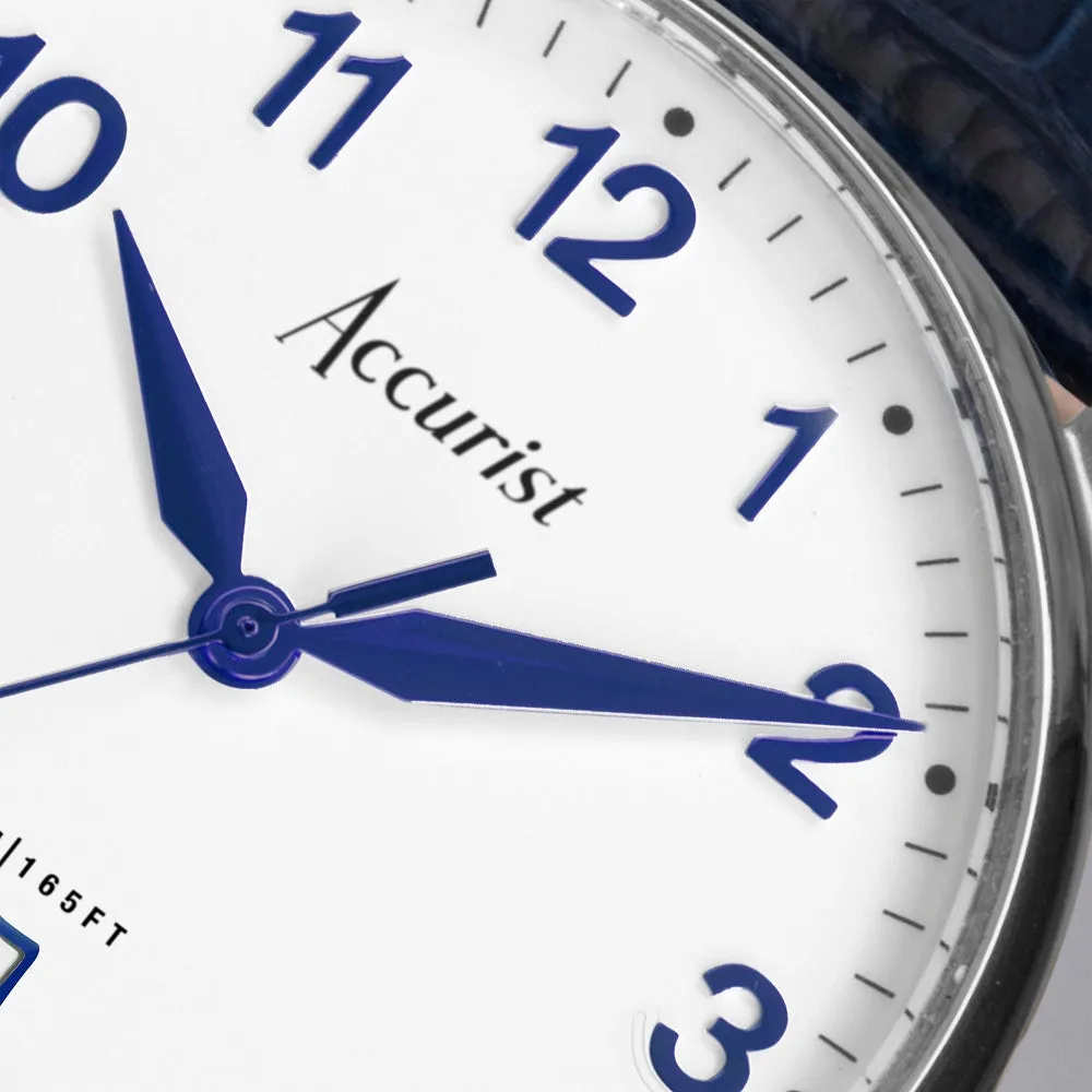 Accurist Classic Mens Blue Leather Strap Watch White Dial 73000