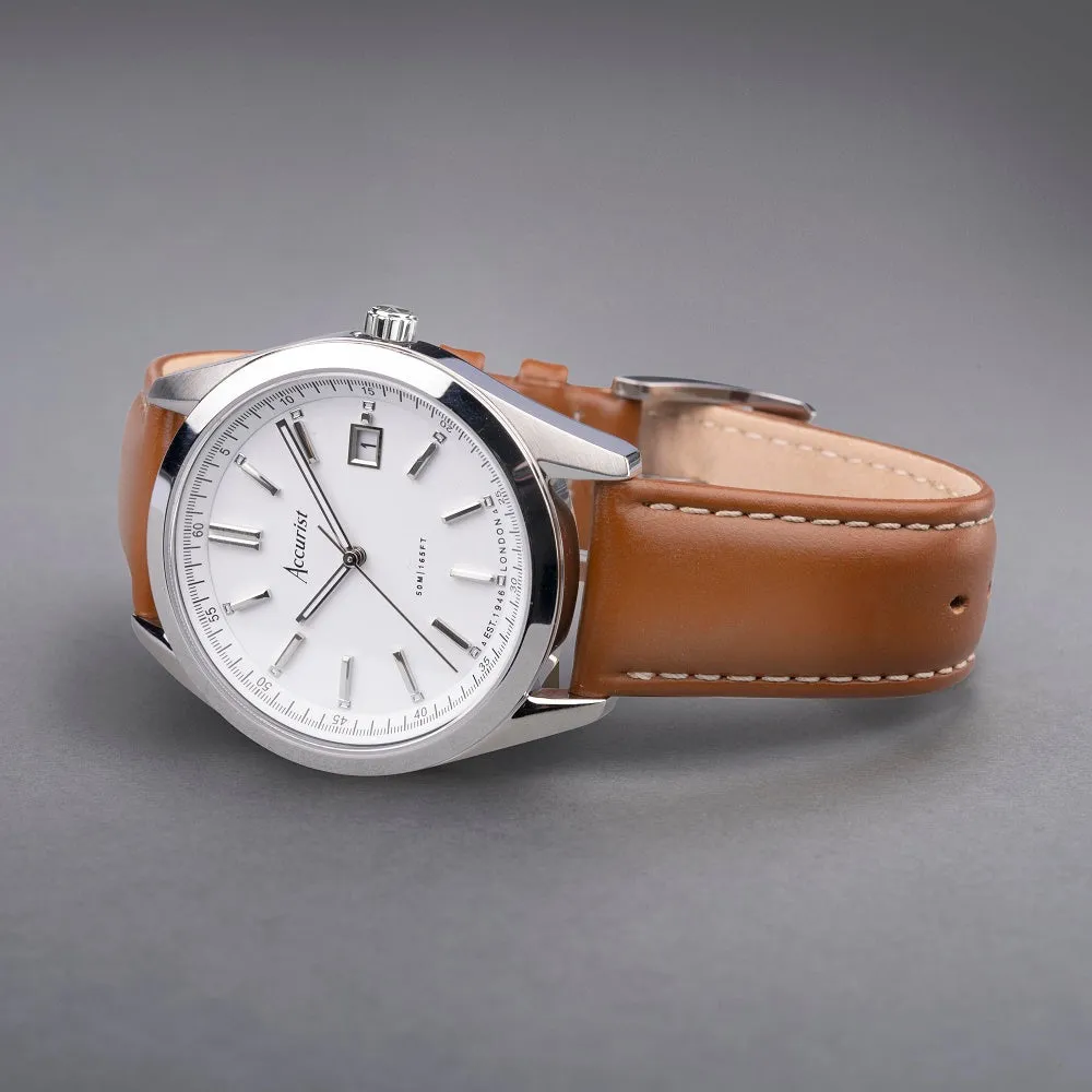 Accurist Everyday Mens Leather Brown Strap Watch White Dial 74011