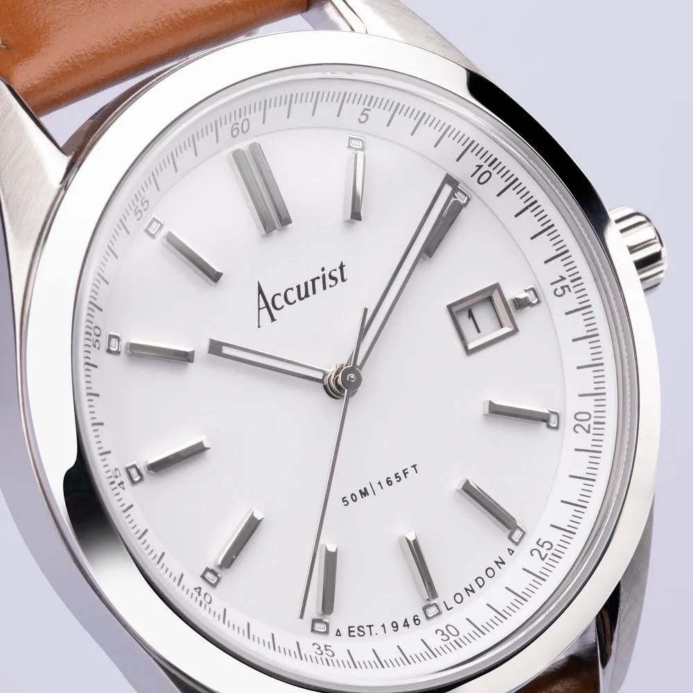 Accurist Everyday Mens Leather Brown Strap Watch White Dial 74011