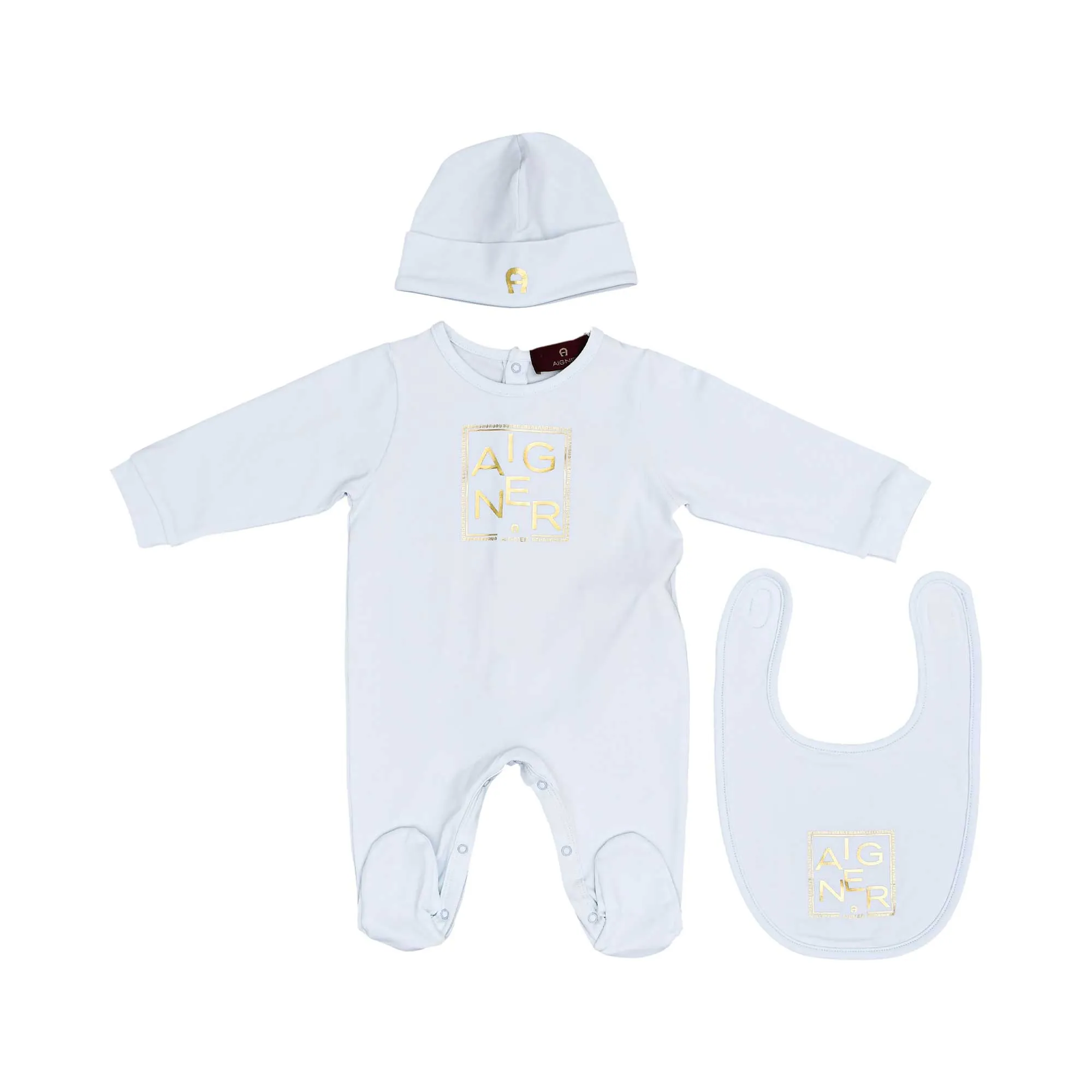 Aigner Kids New Born Boy's White Set of Sleepsuit & Hat & Bib