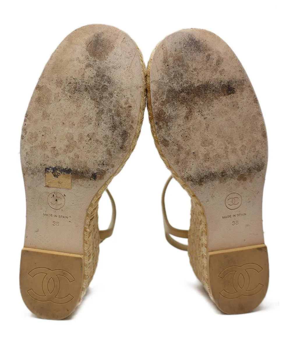 Chanel Beige Leather & Black Faille Espadrilles sz 8
