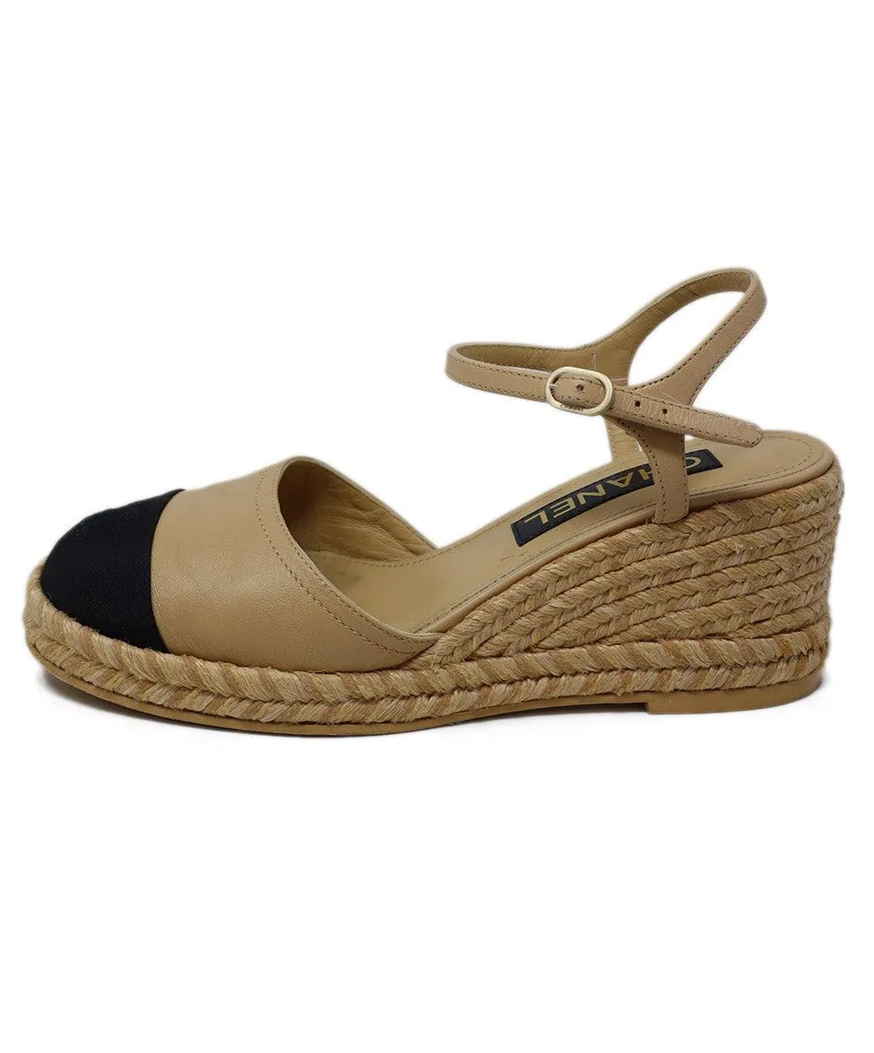 Chanel Beige Leather & Black Faille Espadrilles sz 8
