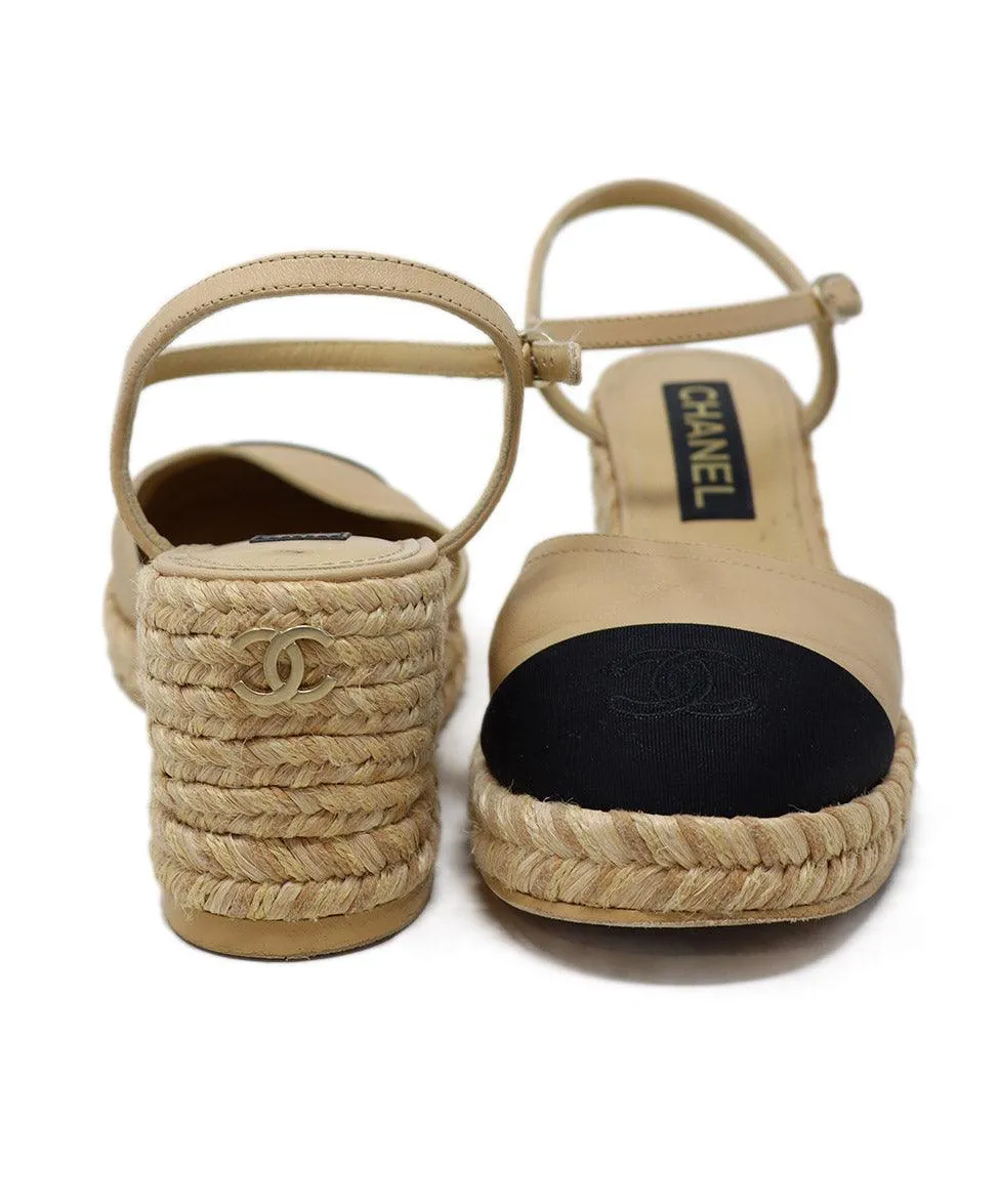 Chanel Beige Leather & Black Faille Espadrilles sz 8