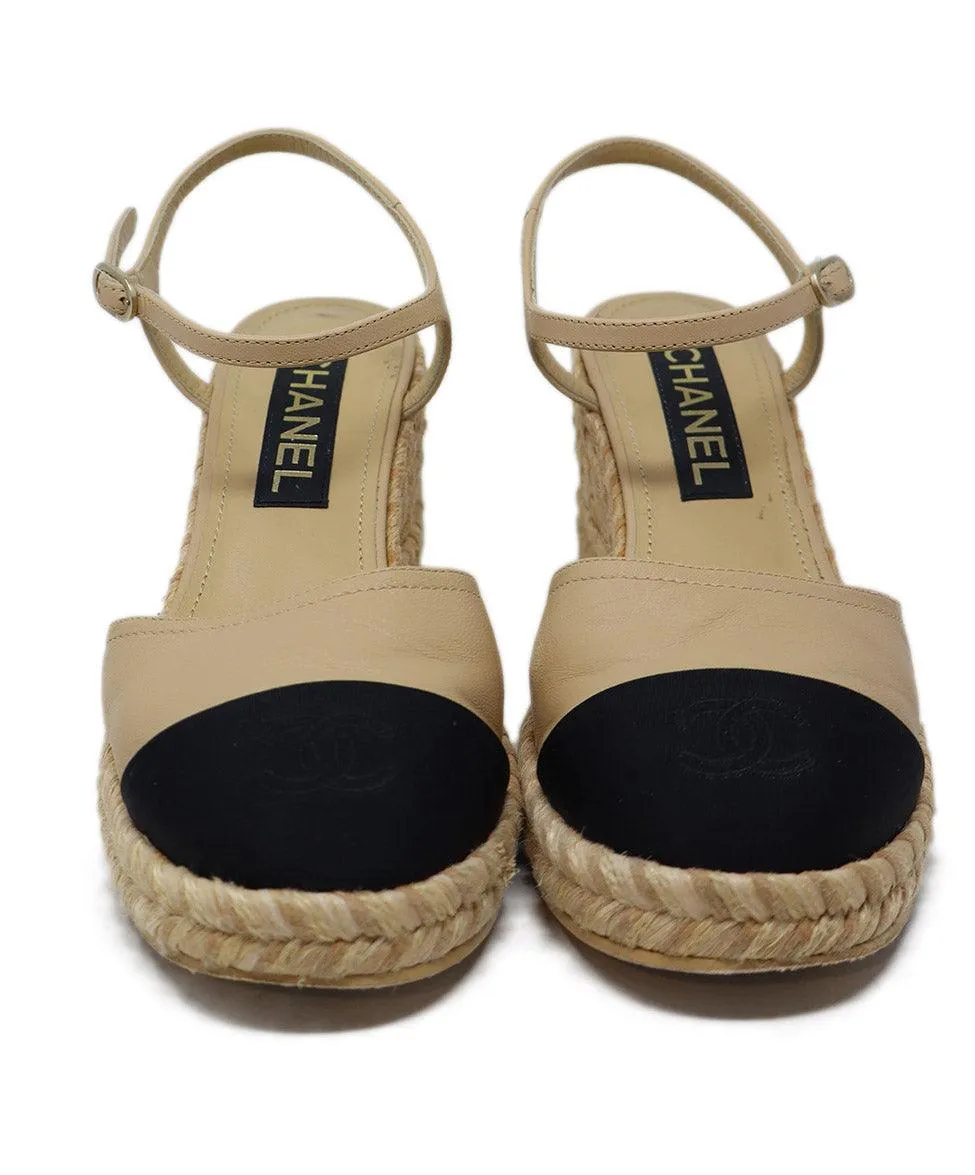 Chanel Beige Leather & Black Faille Espadrilles sz 8