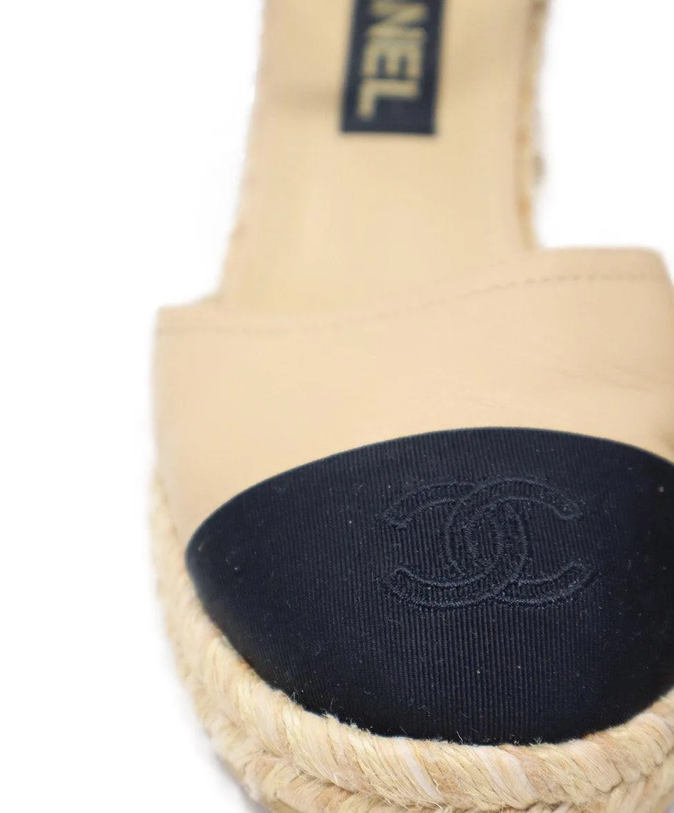 Chanel Beige Leather & Black Faille Espadrilles sz 8