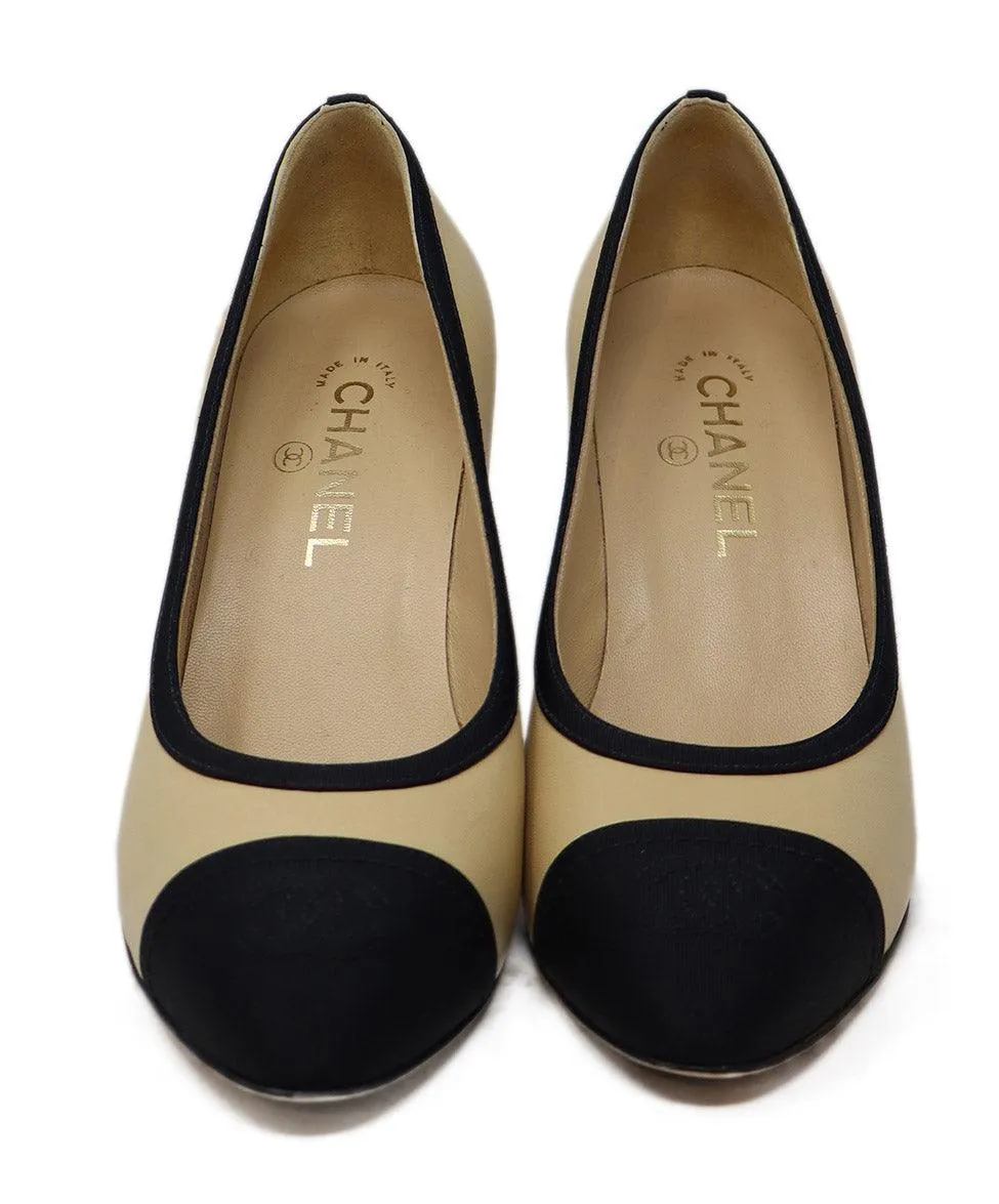 Chanel Nude Leather & Black Faille Heels sz 8