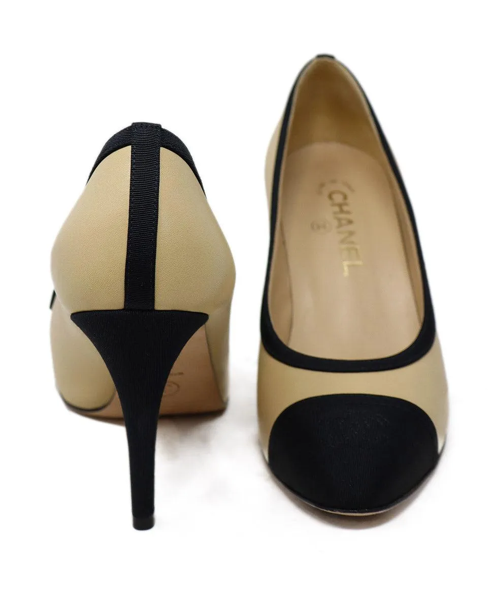Chanel Nude Leather & Black Faille Heels sz 8