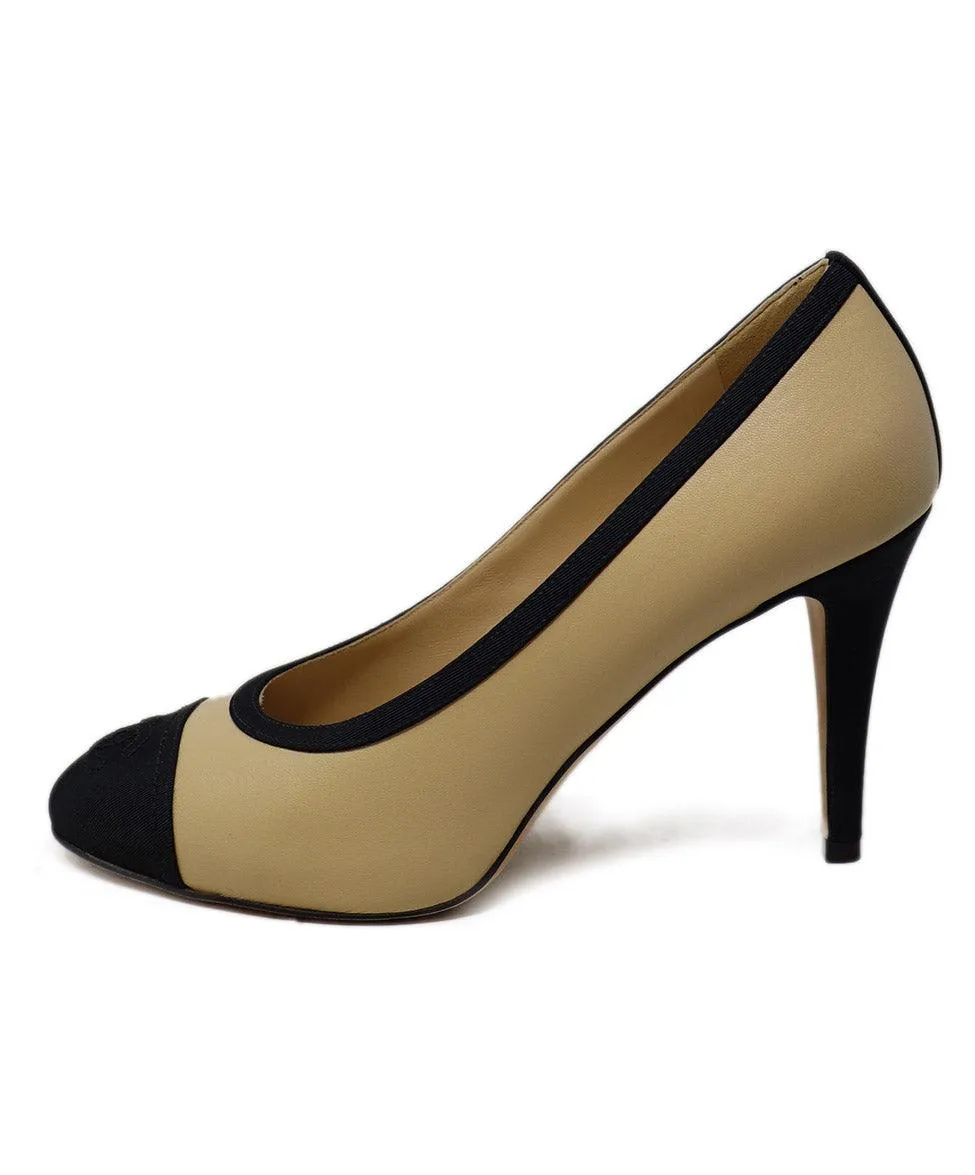 Chanel Nude Leather & Black Faille Heels sz 8