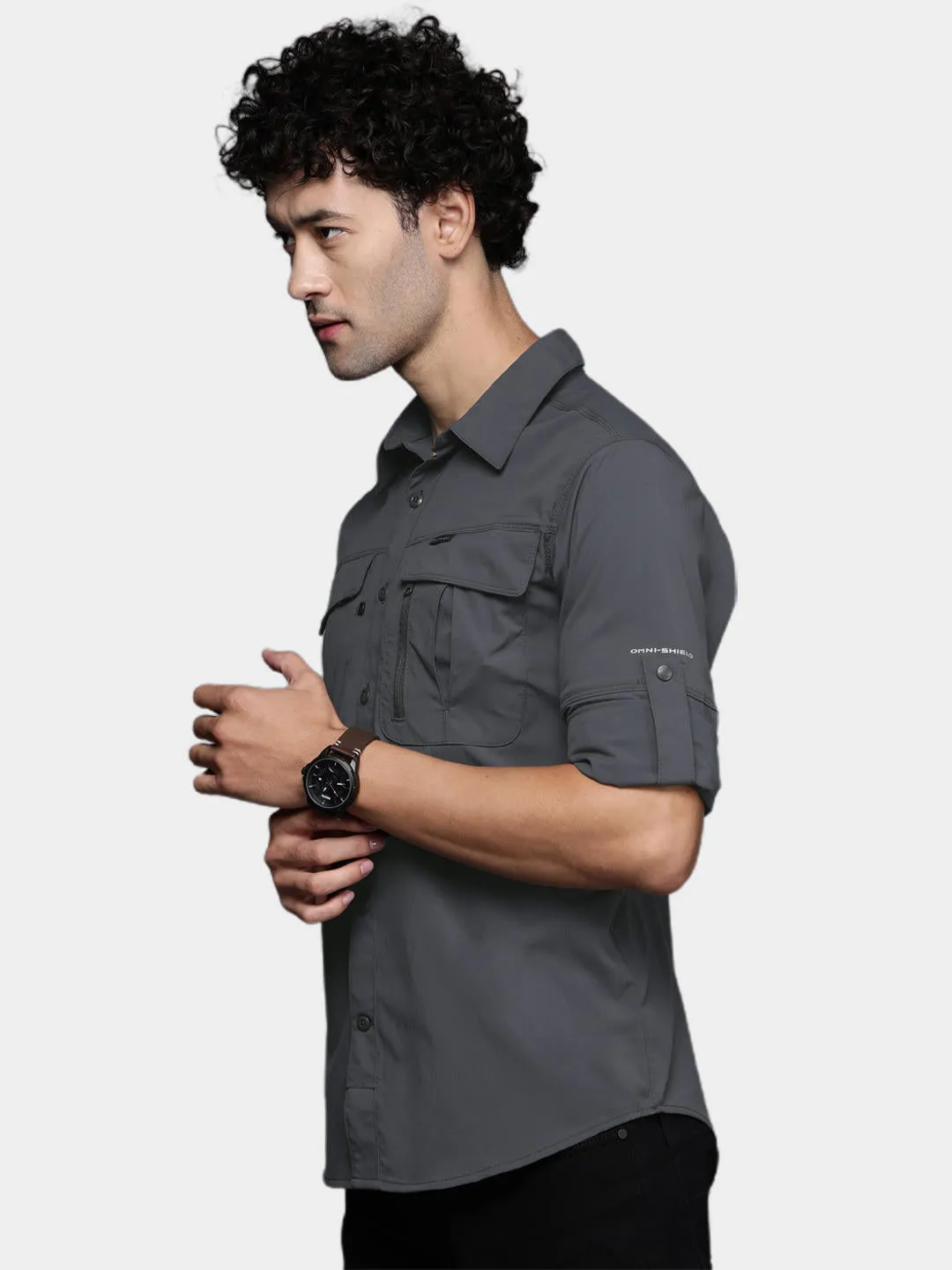 Columbia Men Grey Omni-Shield Newton Ridge II Long Sleeve Shirt