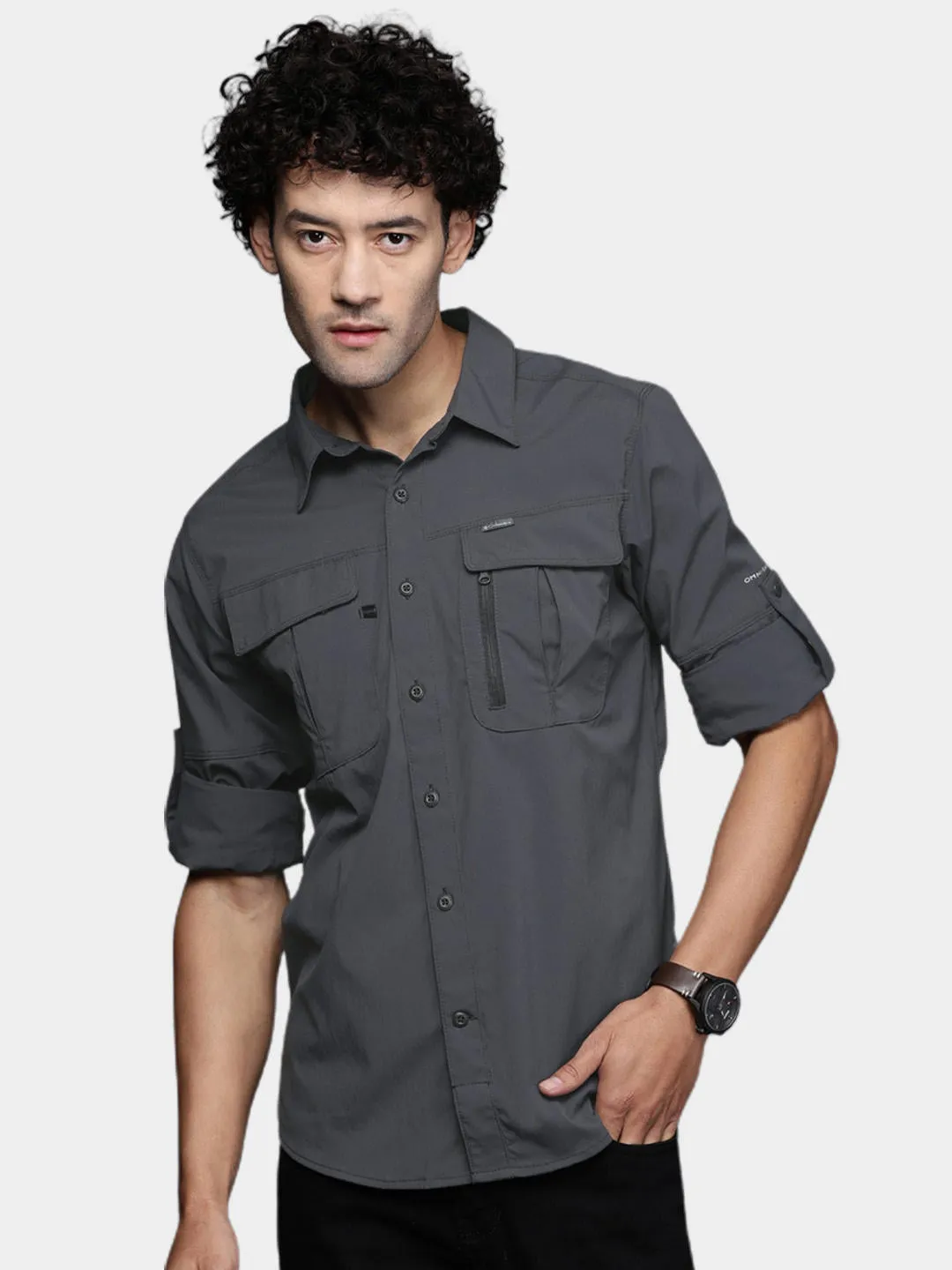 Columbia Men Grey Omni-Shield Newton Ridge II Long Sleeve Shirt