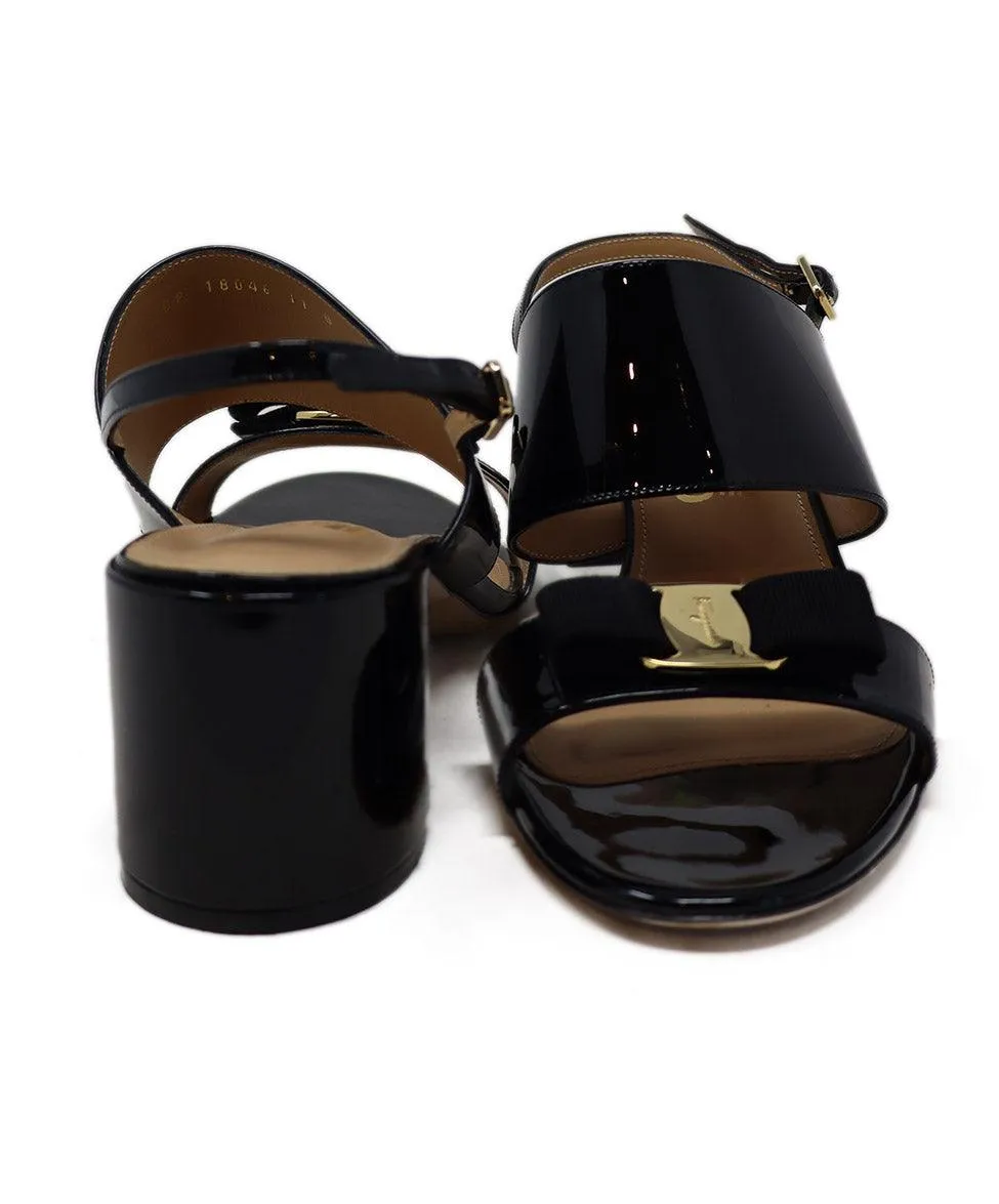 Ferragamo Black Patent Gold Trim Sandals sz 11