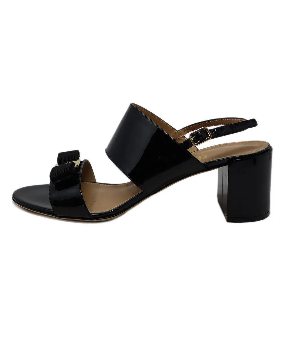 Ferragamo Black Patent Gold Trim Sandals sz 11