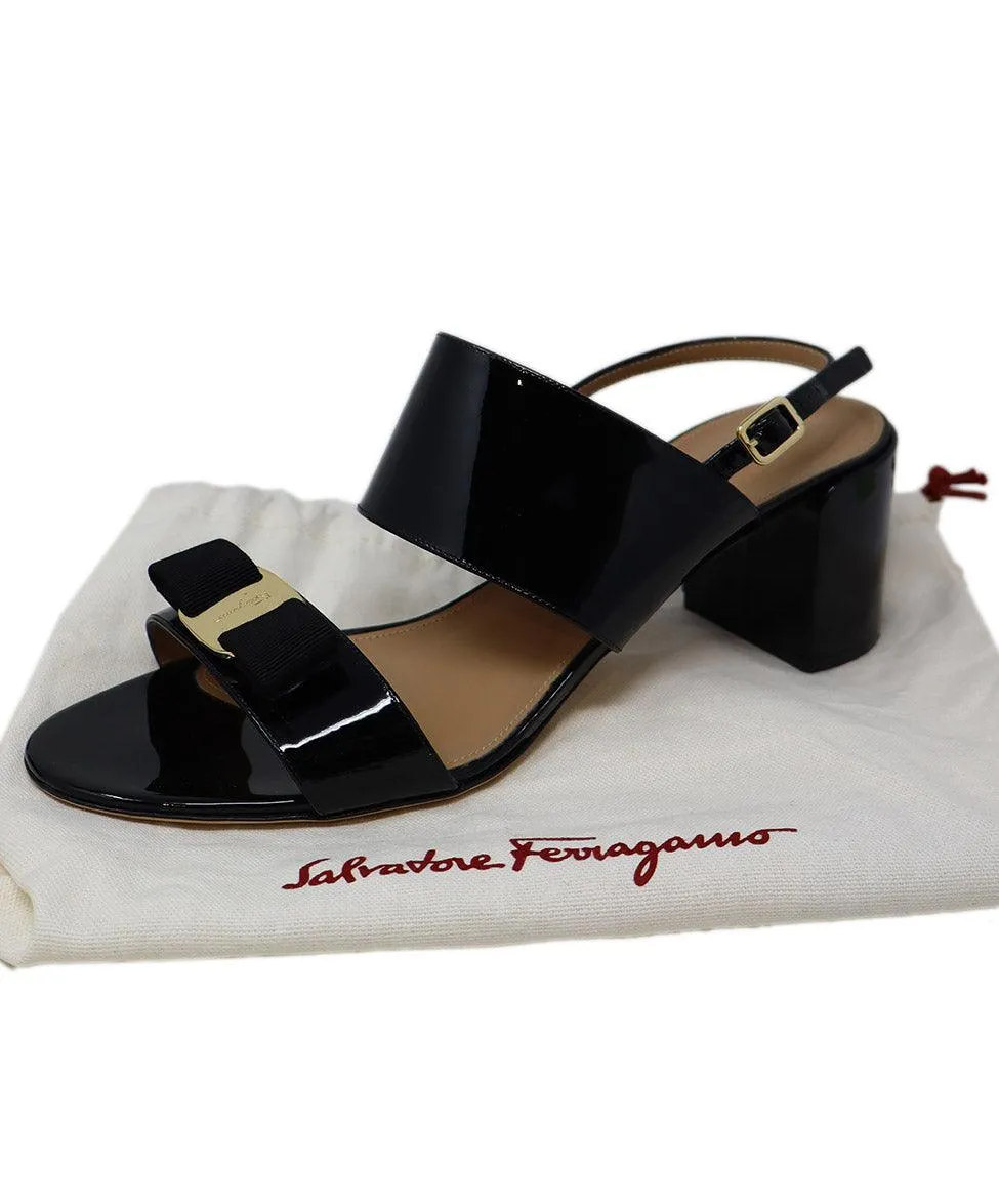 Ferragamo Black Patent Gold Trim Sandals sz 11
