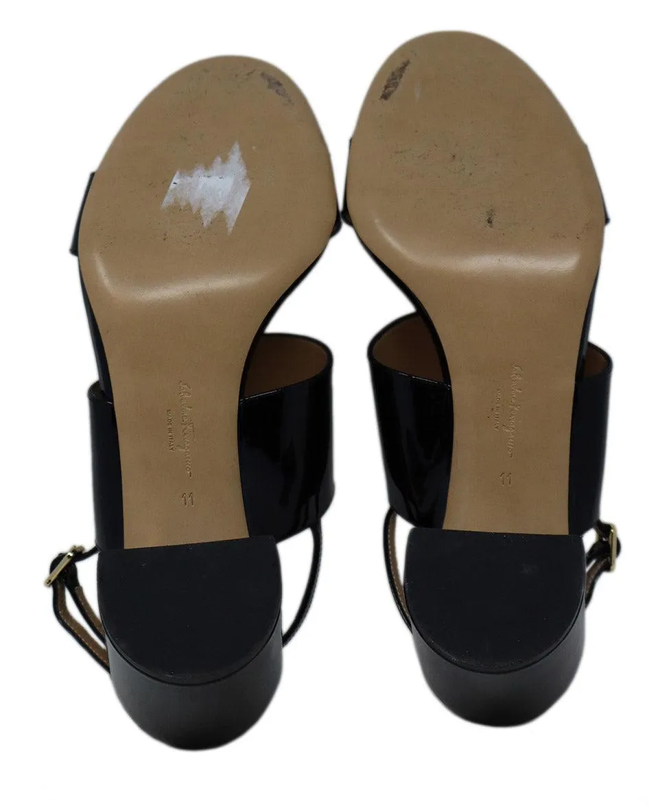 Ferragamo Black Patent Gold Trim Sandals sz 11