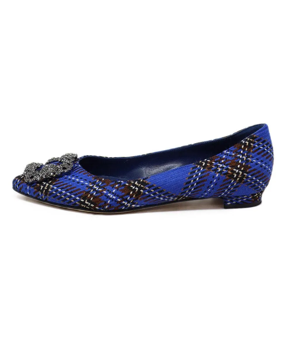 Manolo Blahnik Blue & Brown Plaid Rhinestone Flats sz 6.5