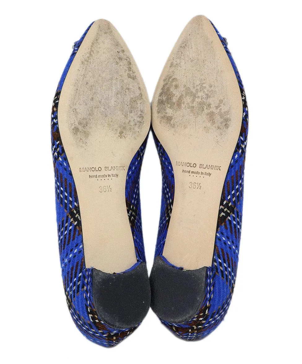 Manolo Blahnik Blue & Brown Plaid Rhinestone Flats sz 6.5