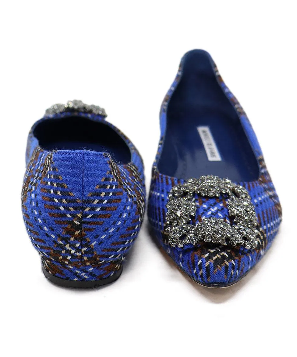 Manolo Blahnik Blue & Brown Plaid Rhinestone Flats sz 6.5