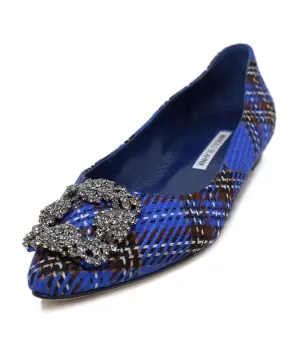 Manolo Blahnik Blue & Brown Plaid Rhinestone Flats sz 6.5
