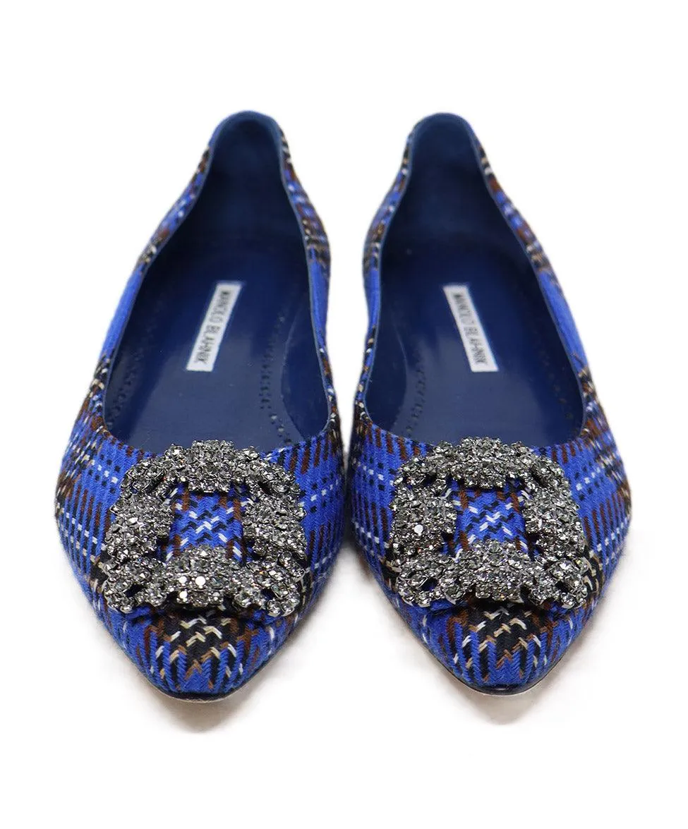 Manolo Blahnik Blue & Brown Plaid Rhinestone Flats sz 6.5