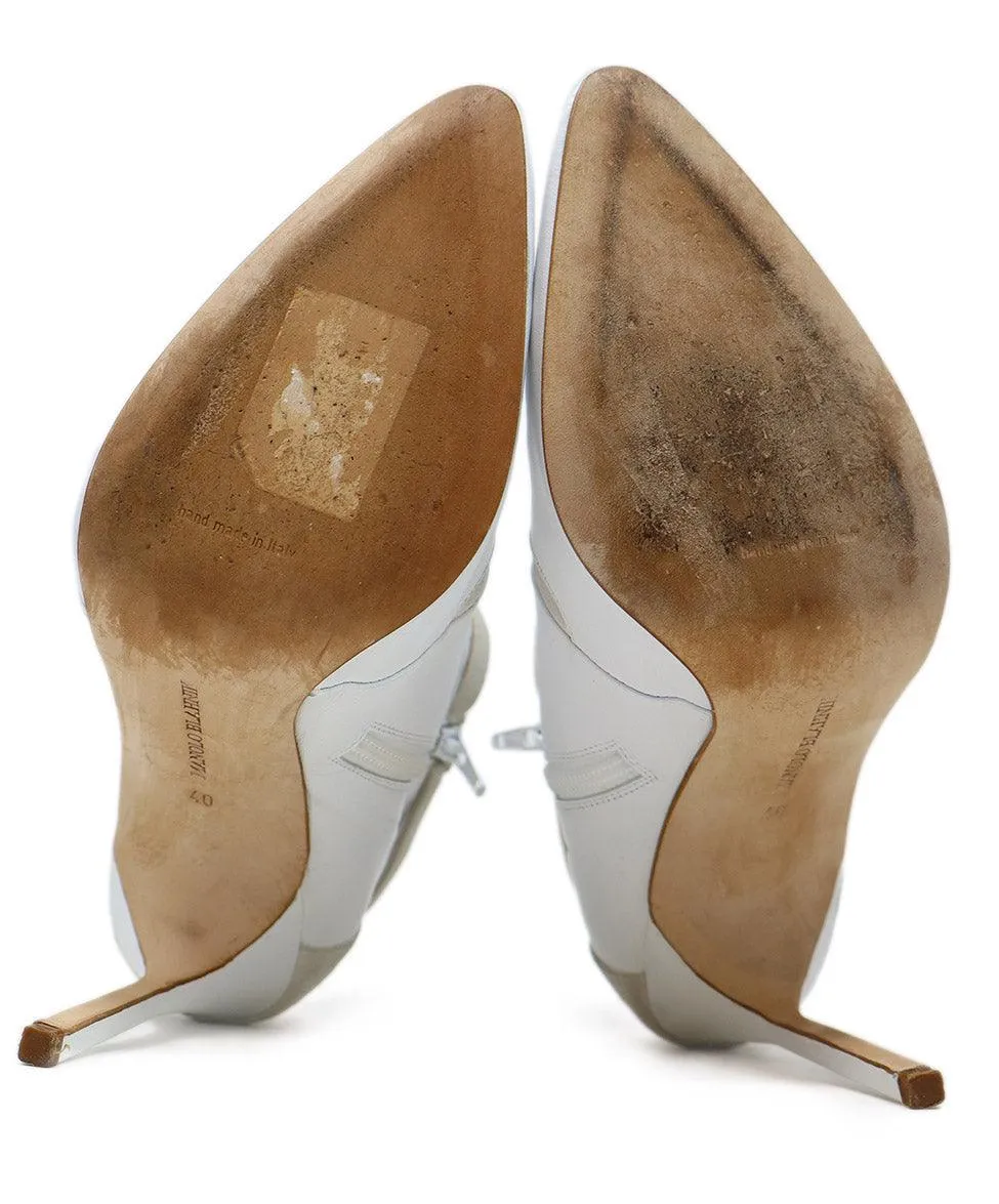 Manolo Blahnik White Leather & Beige Suede Booties sz 10