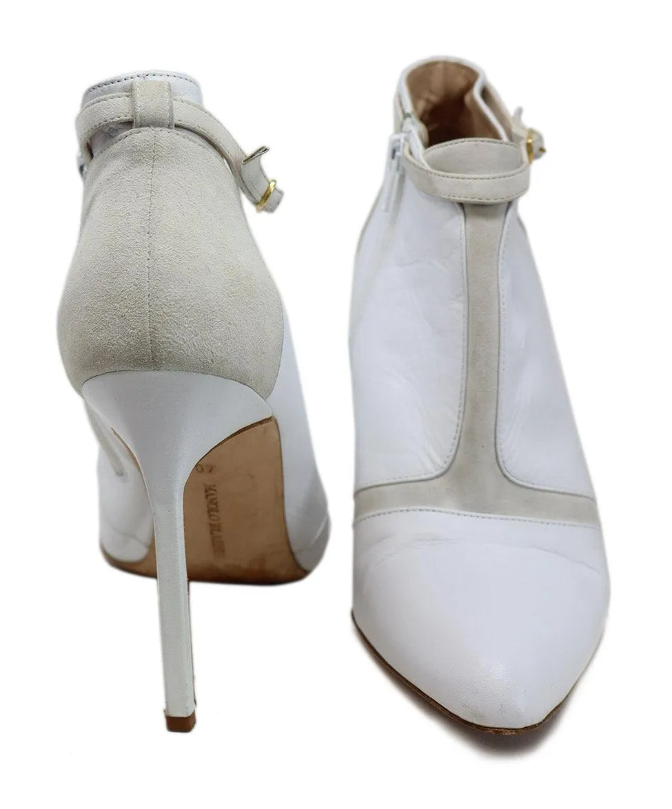Manolo Blahnik White Leather & Beige Suede Booties sz 10