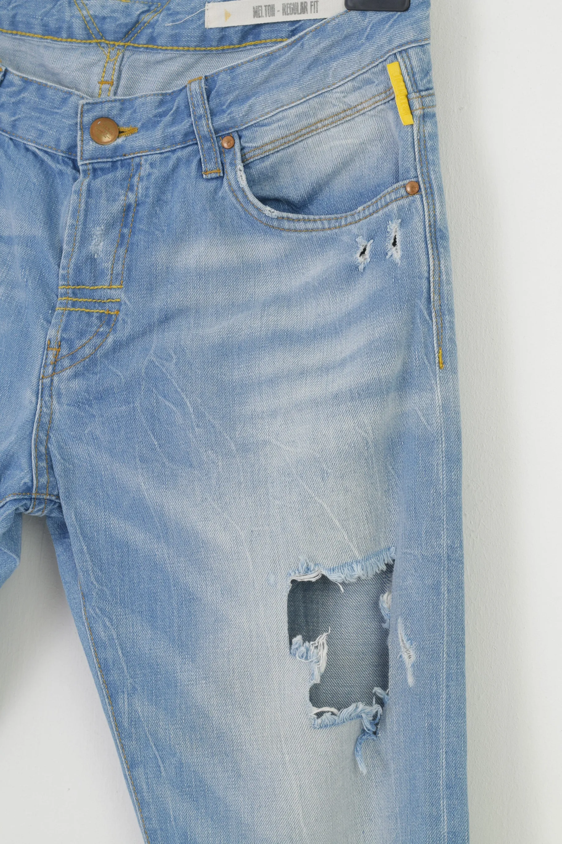 Meltin'Pot Men 34 34 Trousers Blue Cotton Ripped  Buttons Regular Fit Top