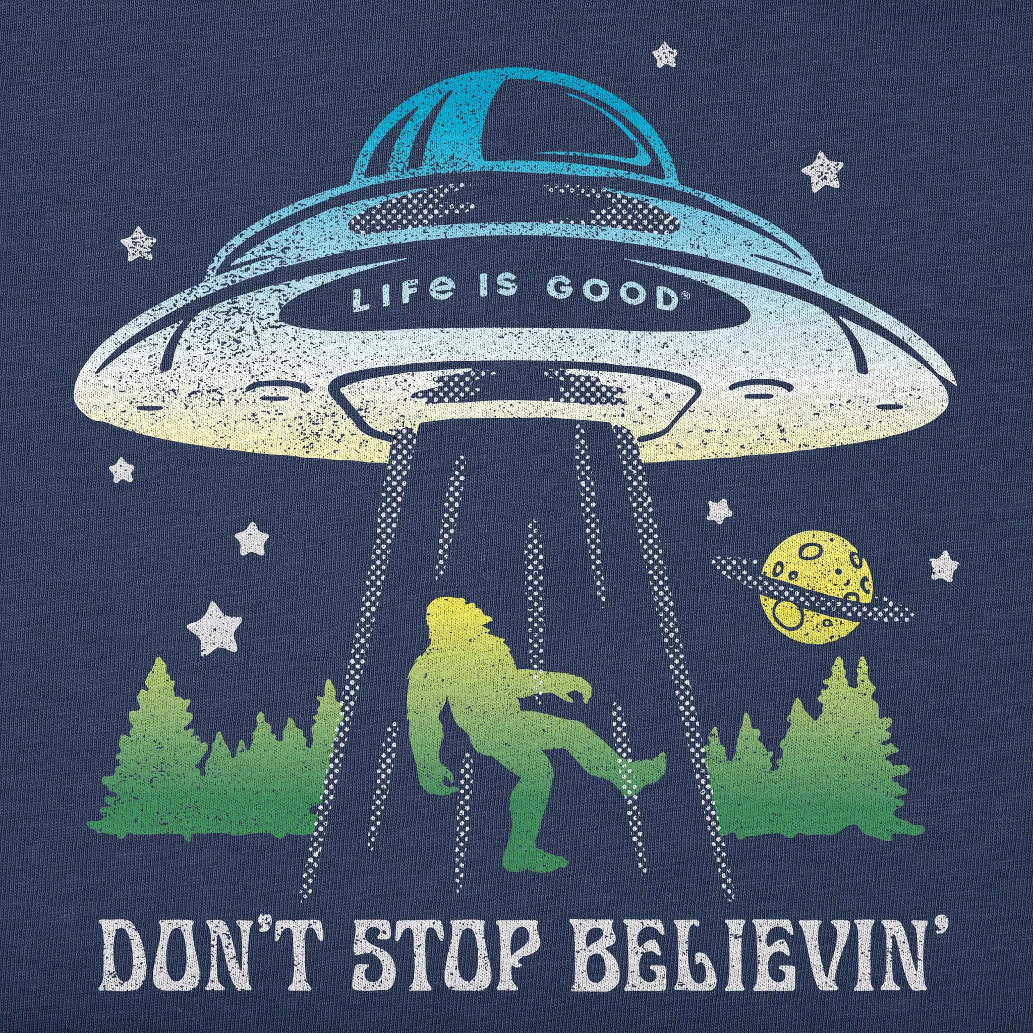 Men's Don't Stop Believin' Bigfoot Abduction Short Sleeve Crusher Tee Life is Good