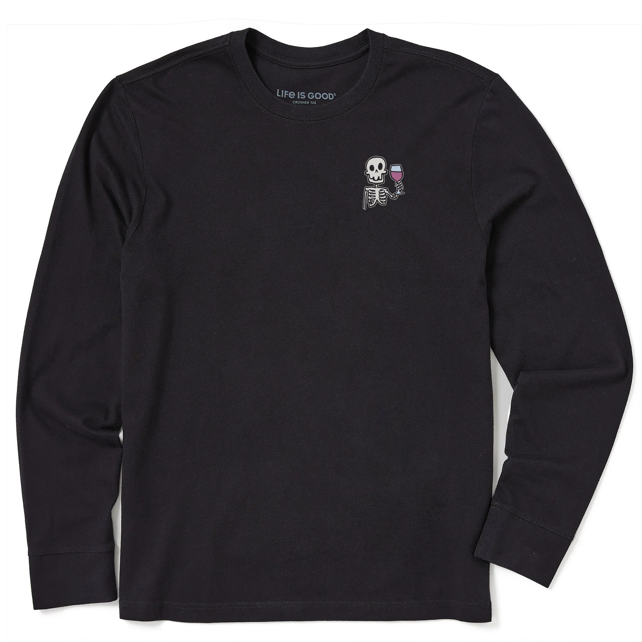 Men's Skeleton with Wine Long Sleeve Crusher Tee Life is Good