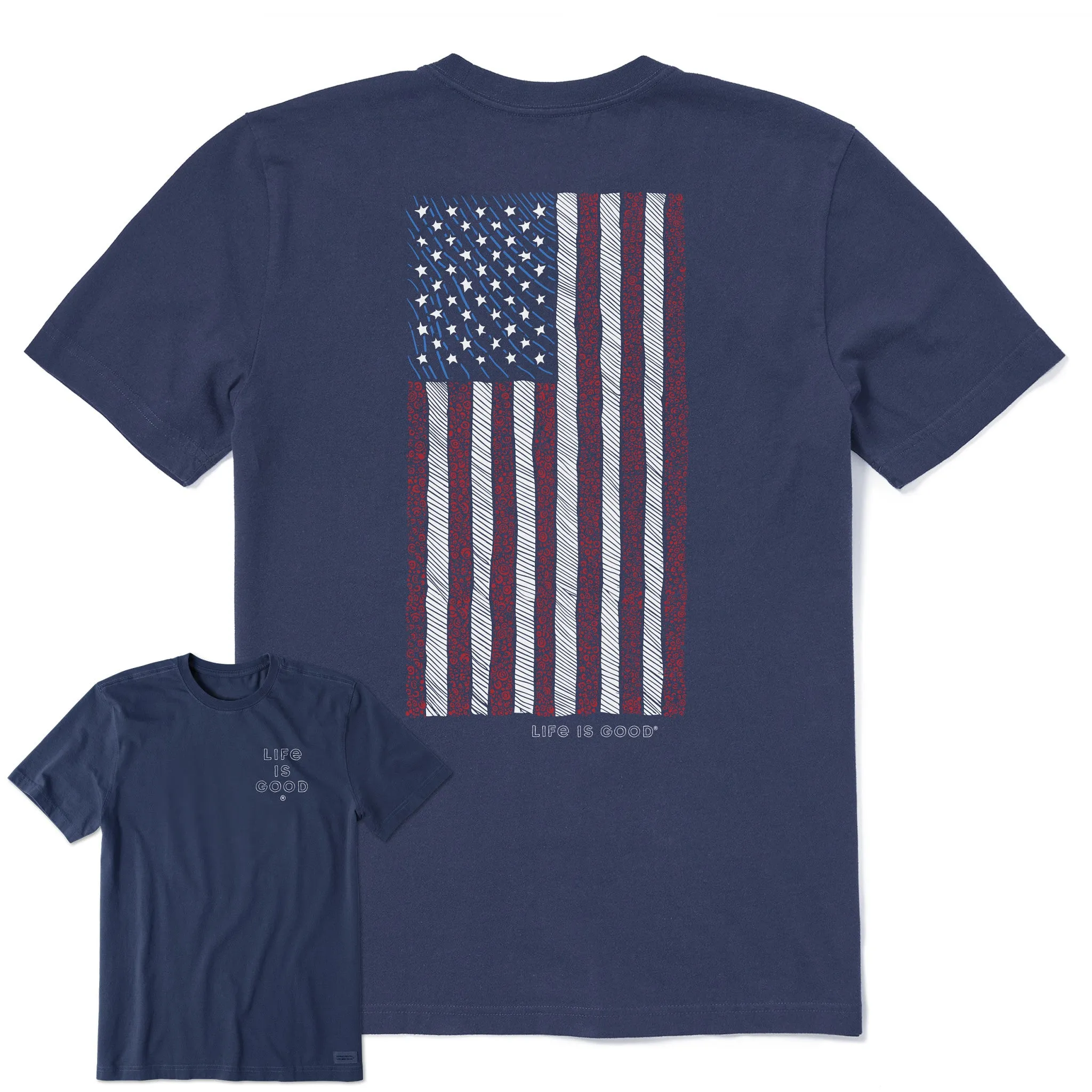 Men's Vertical USA Flag Hand Drawn Short Sleeve Crusher Tee Life is Good