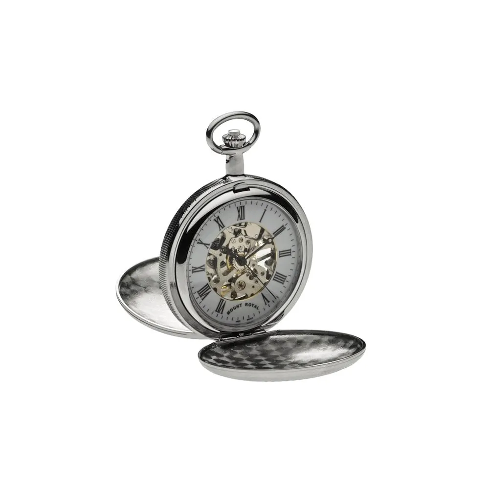 Mount Royal Chrome Plated Full Hunter Skeleton Dial Mechanical Pocket Watch MR-B22