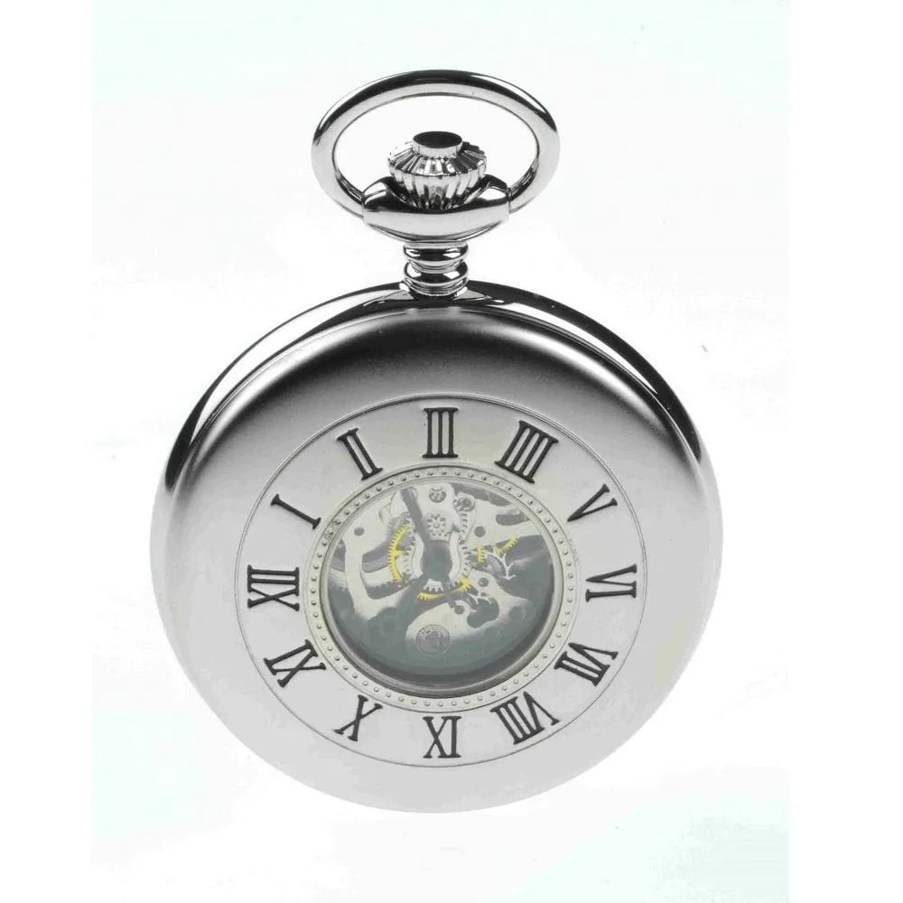 Mount Royal Chrome Plated Half Hunter Skeleton Dial Mechanical Pocket Watch MR-B26