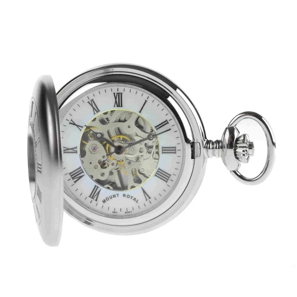 Mount Royal Chrome Plated Half Hunter Skeleton Dial Mechanical Pocket Watch MR-B26