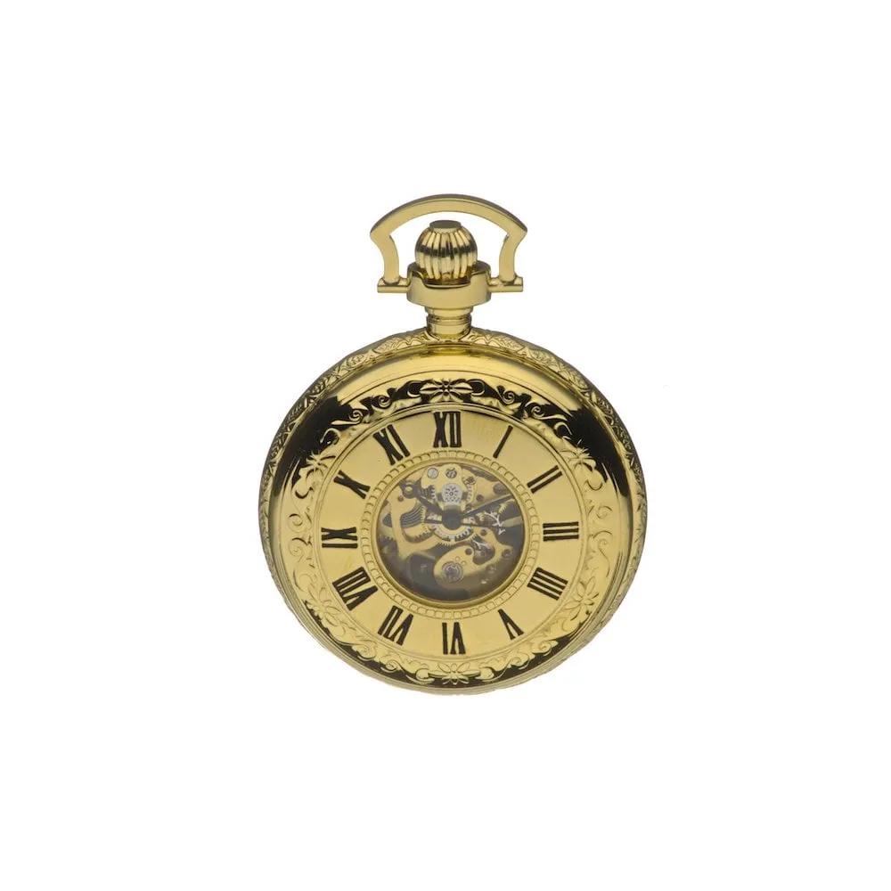 Mount Royal Yellow Gold Plated Half Hunter Skeleton Dial Mechanical Pocket Watch MR-B41