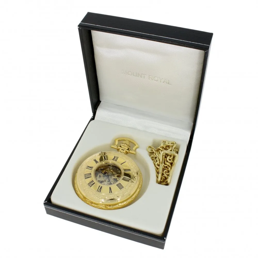 Mount Royal Yellow Gold Plated Half Hunter Skeleton Dial Mechanical Pocket Watch MR-B41