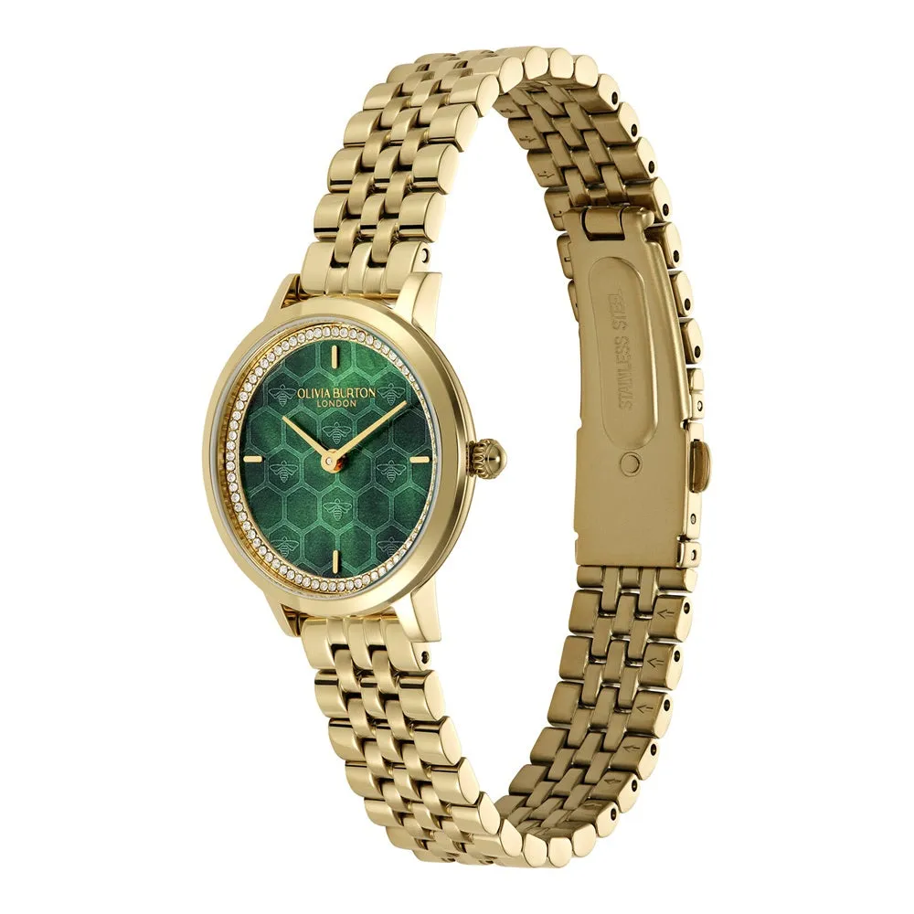 Olivia Burton Signature Honeycomb Ultra Slim Forest Green and Gold Watch 24000266