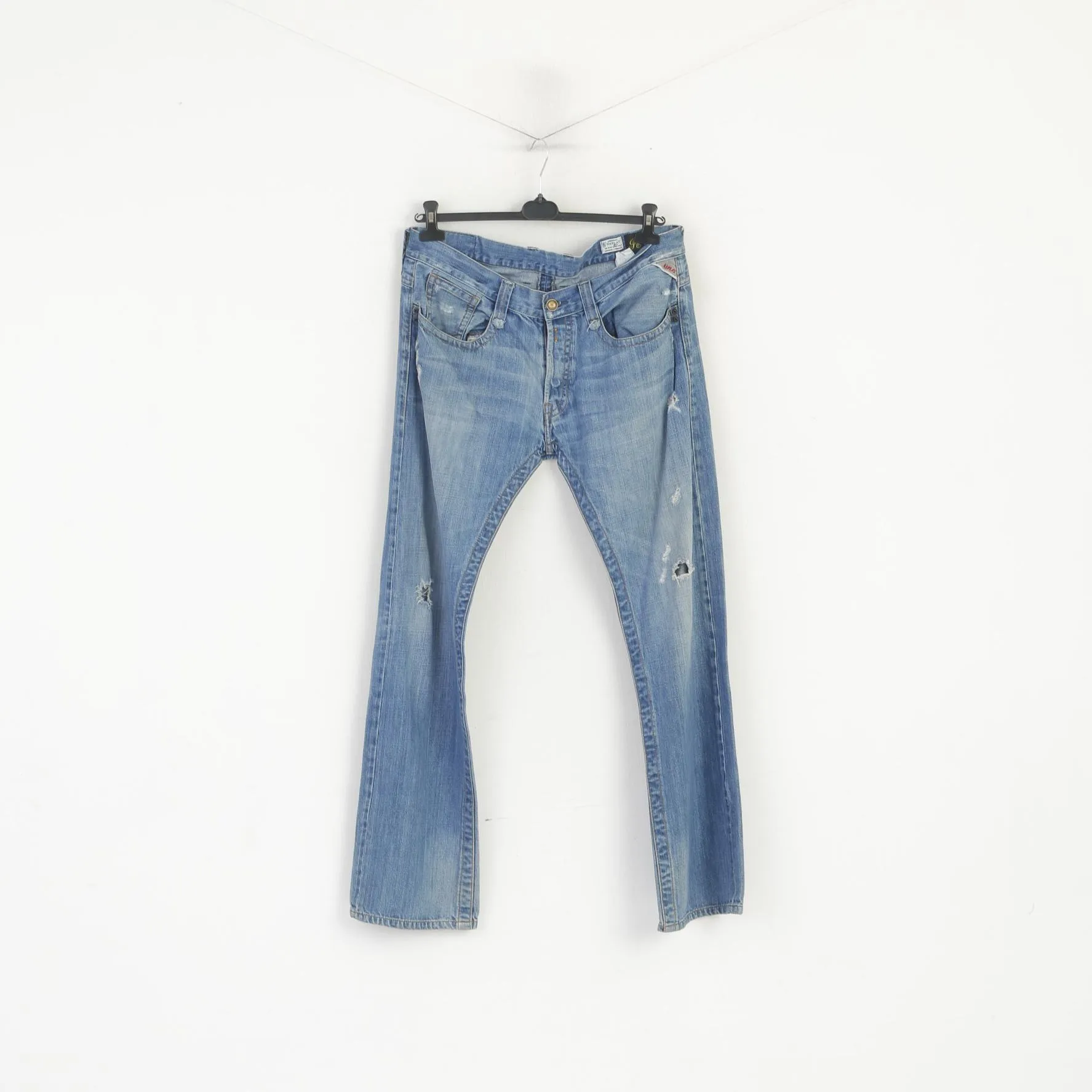 Replay Men 36 Trousers Blue Denim Cotton Straight  Ripped Jeans Pants