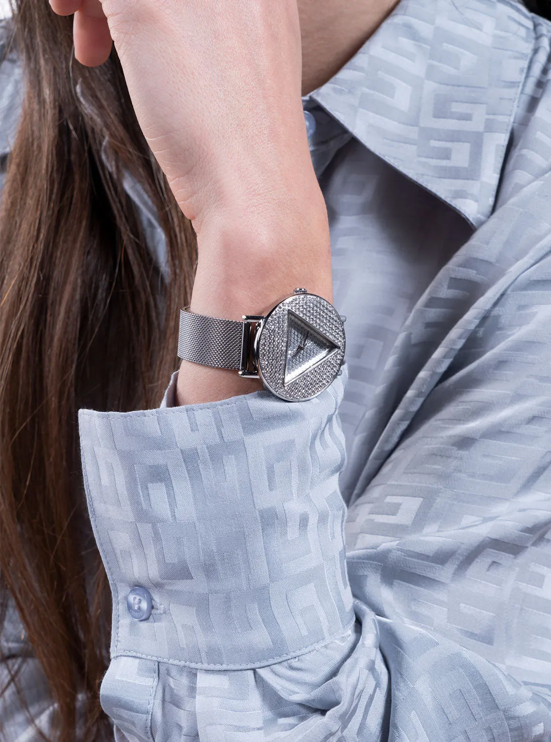 Silver Iconic Crystal Mesh Watch Guess