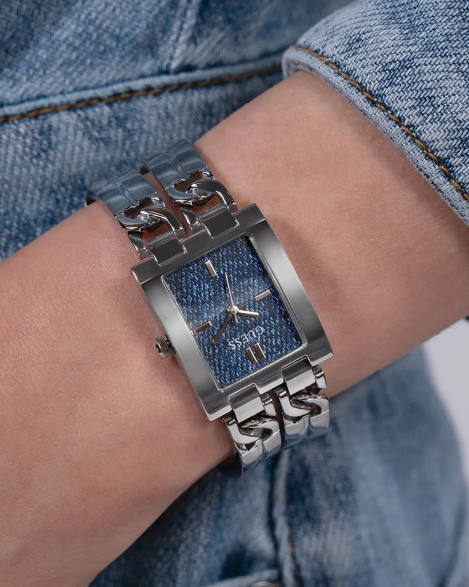 Silver Mod Denim Dial Link Watch Guess