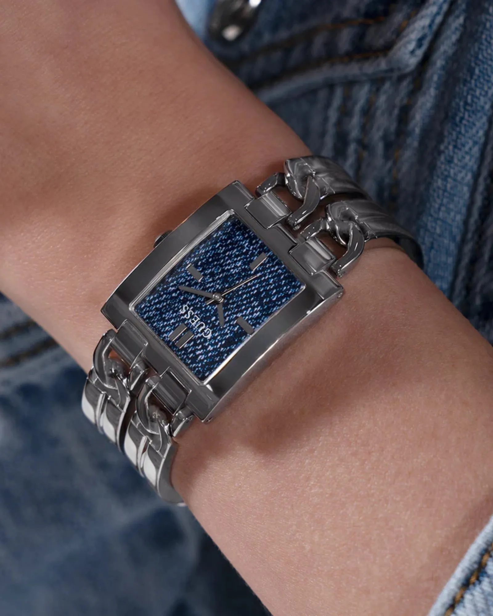 Silver Mod Denim Dial Link Watch Guess