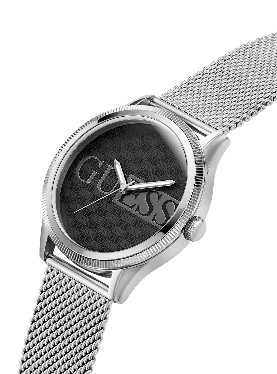 Silver Reputation Black Logo Mesh Watch Guess