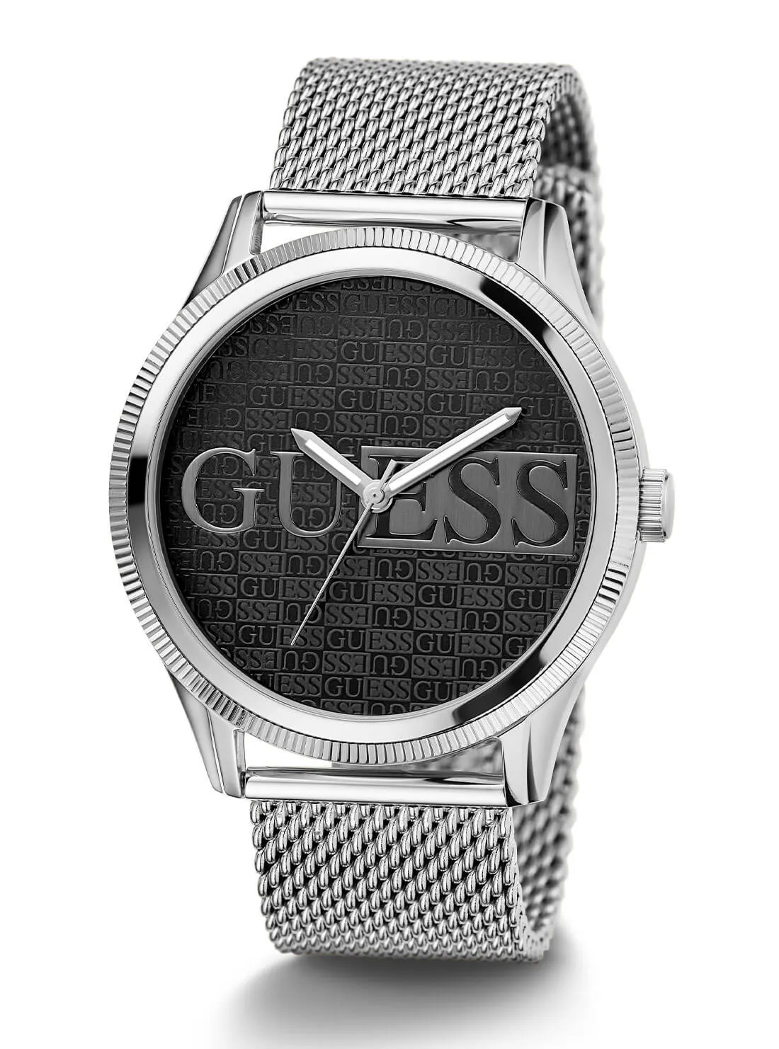 Silver Reputation Black Logo Mesh Watch Guess